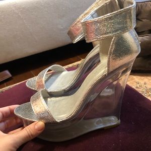 silver wedges with clear heel